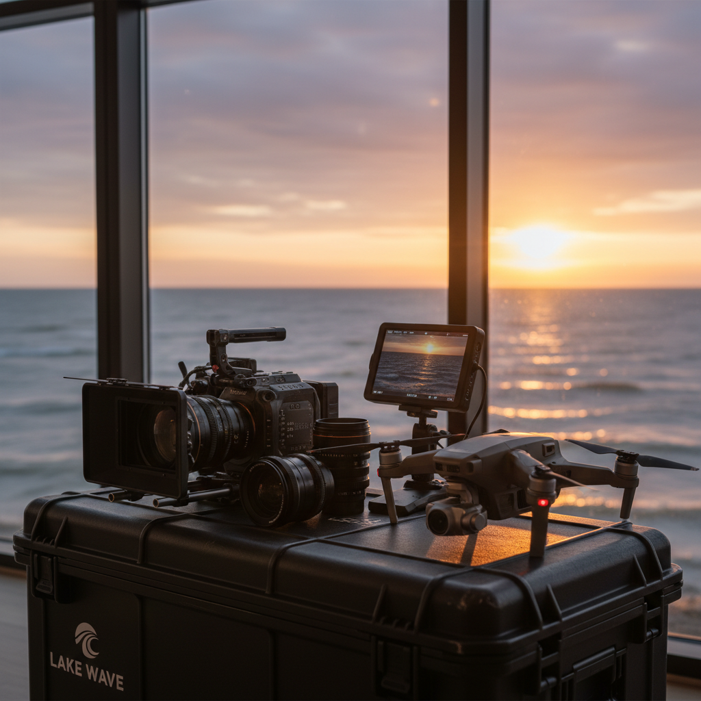A cinematic arrangement of high-end video production equipment staged on a rugged black road case, set in front of a large window overlooking a recognizable Michigan lakeshore at golden hour. A compact cinema camera with a matte box, prime lenses, a drone, and a field monitor are carefully placed, their metal and glass surfaces catching the warm, low-angle sunlight. Gentle reflections dance on the window behind, where the lake’s surface shows subtle rolling waves. The atmosphere is ambitious and aspirational yet grounded and practical. Photographic realism, three-quarter angle composition with the gear in sharp focus and the lakeside background softly blurred, reinforcing a regional, outdoors-capable production brand called Lake Wave.